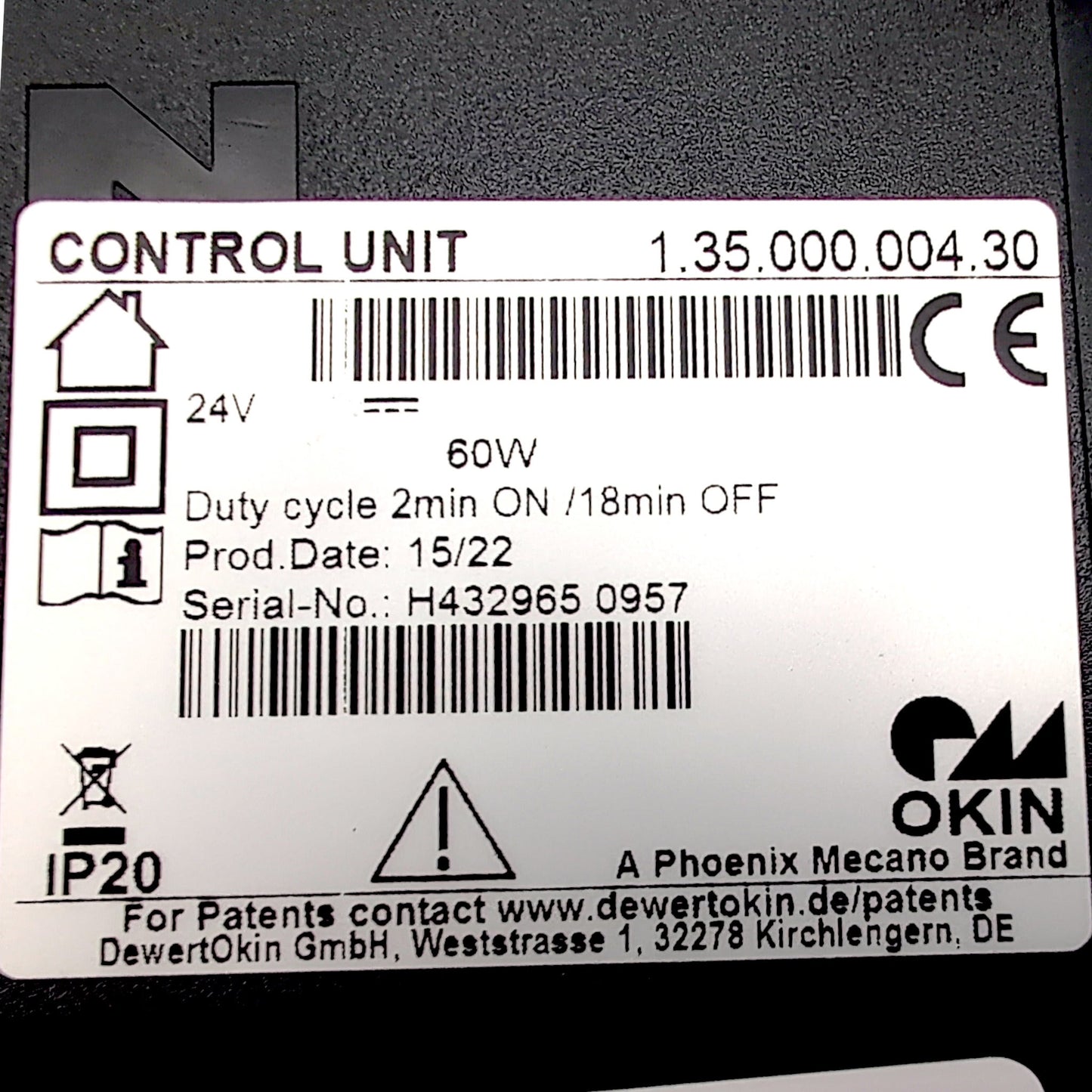 product label. shows the okin part number: 1.35.000.004.30