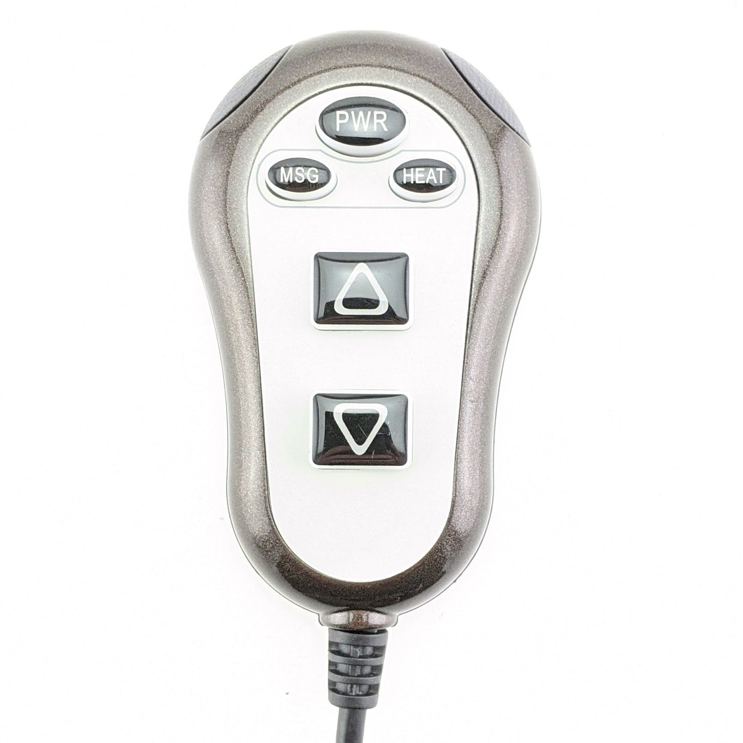 5-Button revision of the HV4200-HC remote hand control. All five buttons in view labeled as, PWR (Power), MSG (Massage), Heat, Up Arrow, Down Arrow