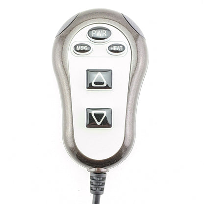 5-Button revision of the HV4200-HC remote hand control. All five buttons in view labeled as, PWR (Power), MSG (Massage), Heat, Up Arrow, Down Arrow