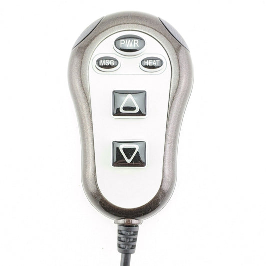 closeup on the golden technologies & Ultra Comfort HV4200-HC remote hand control. All five buttons in view labeled as, PWR (Power), MSG (Massage), Heat, Up Arrow, Down Arrow