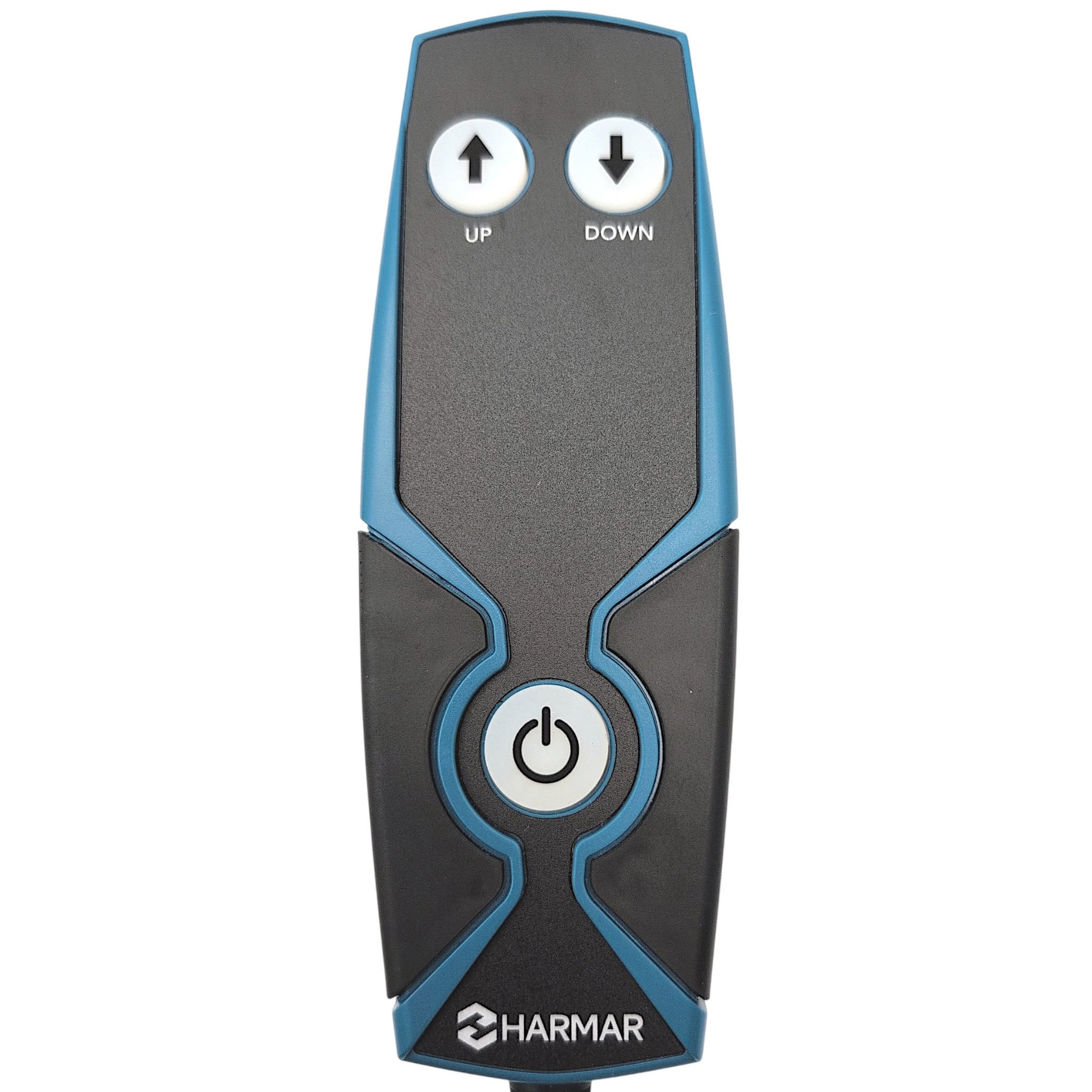 blue & black remote / hand control. with three buttons (harmar describes it as having 2 buttons), one for, one for down, and the third is a power button.