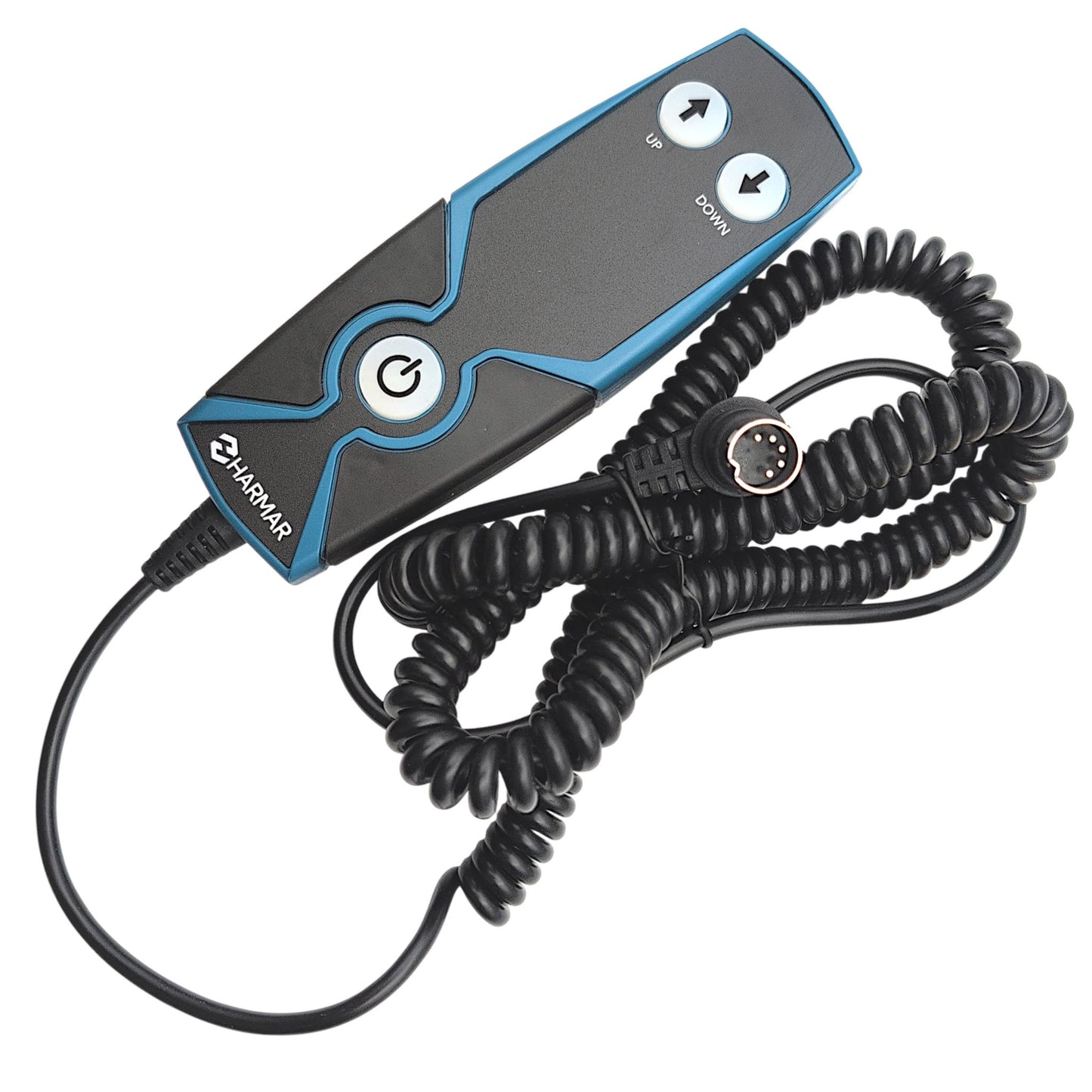 front view of the remote with the cord wound up, showing the inside of the 5-pin connector