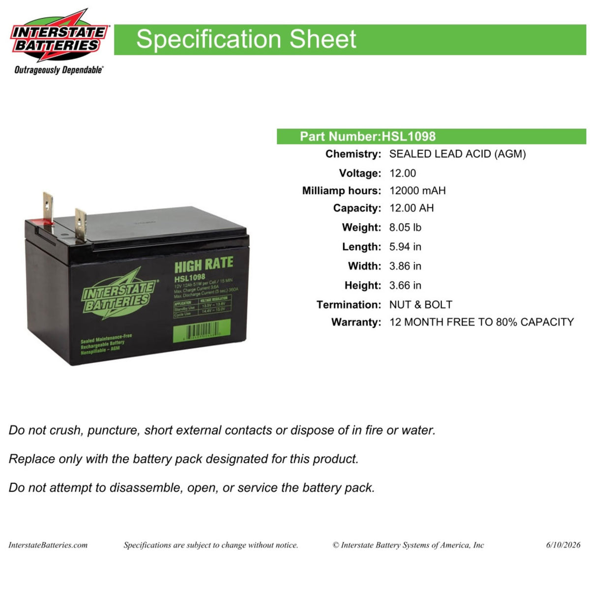 Interstate High Rate HSL1098 Specification Sheet