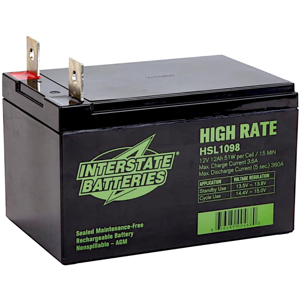 Interstate High Rate HSL1098 12V 12Ah Battery 3 angle view with terminals