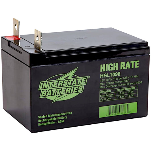 Interstate High Rate HSL1098 12V 12Ah Battery 3 angle view with terminals