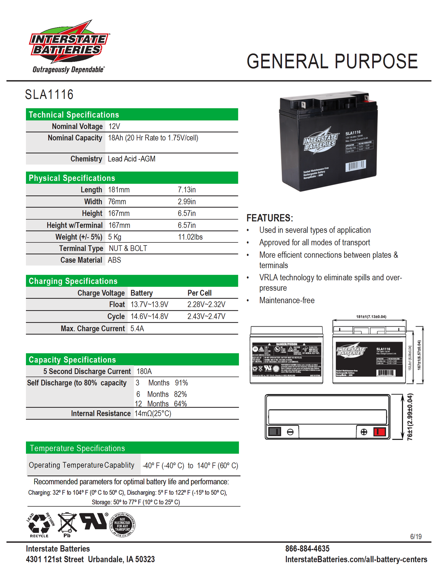 Interstate Battery - SLA1116 - 12 volt 18 amp - OEM Equivalent