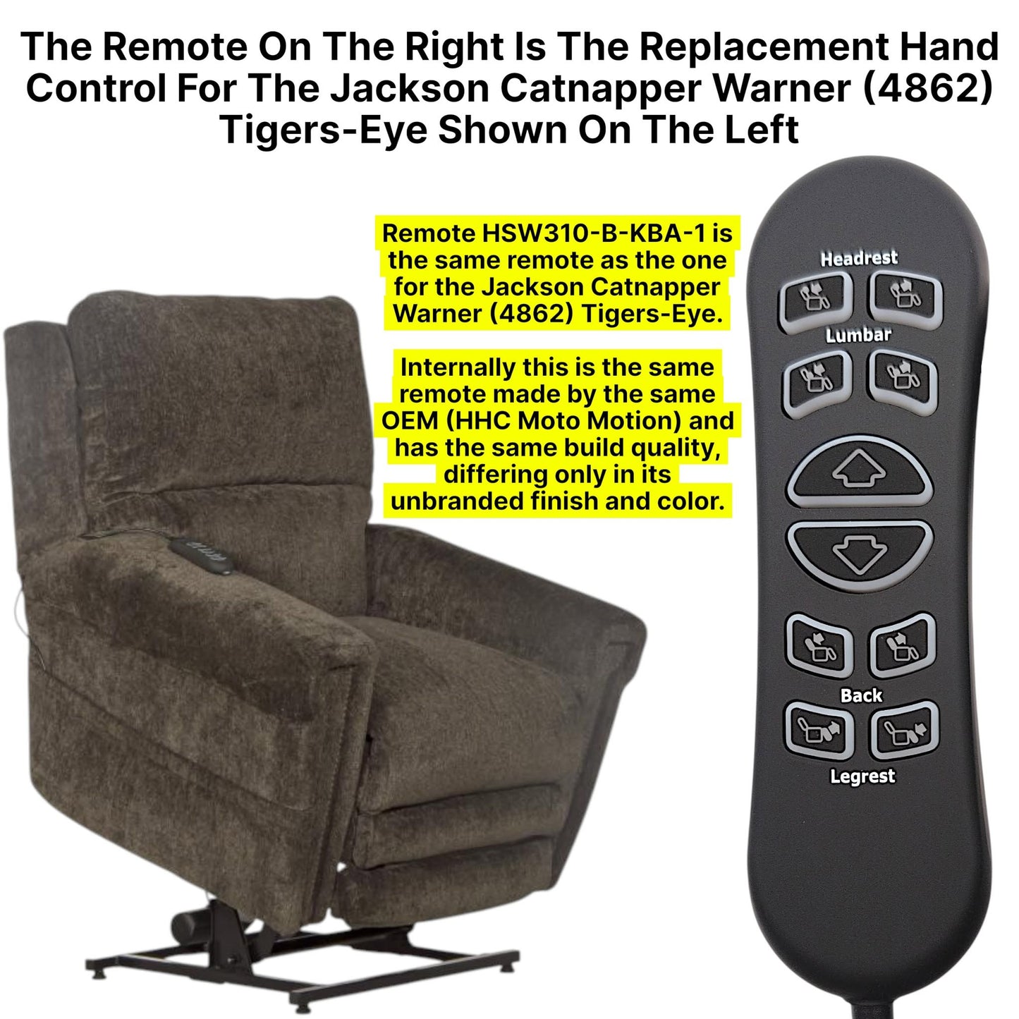10-Button Replacement Remote for Jackson Catnapper Warner 4862 Lift Chair
