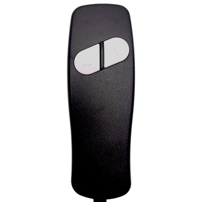 close up of remote hand control with 2 buttons