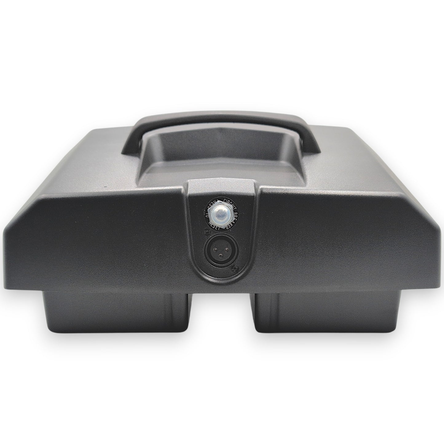 front view with fuse reset switch and female 3 pin connector for charging