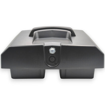 front view with fuse reset switch and female 3 pin connector for charging