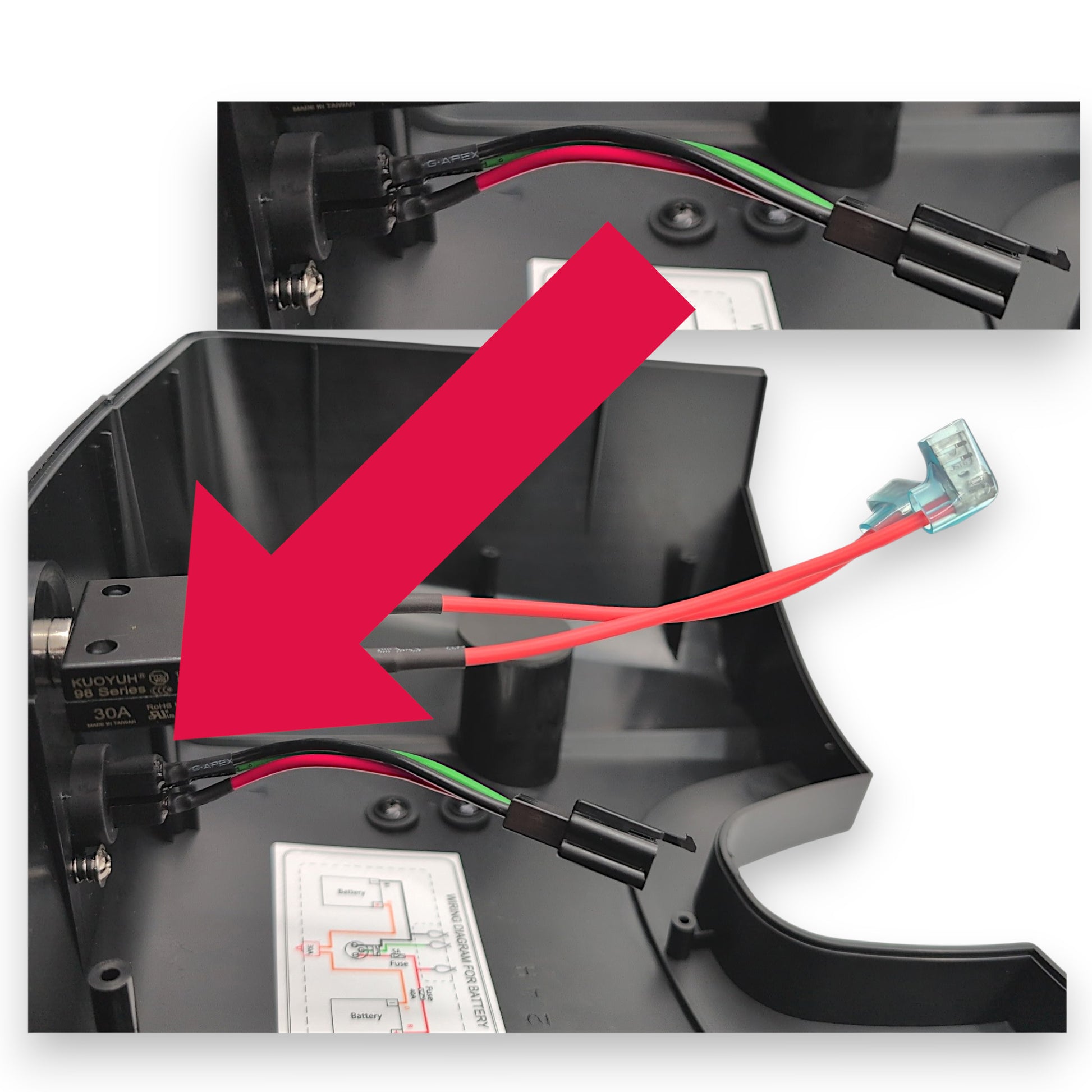 a zoomed out view of the part from inside the lid. Has an arrow pointing to the parts location