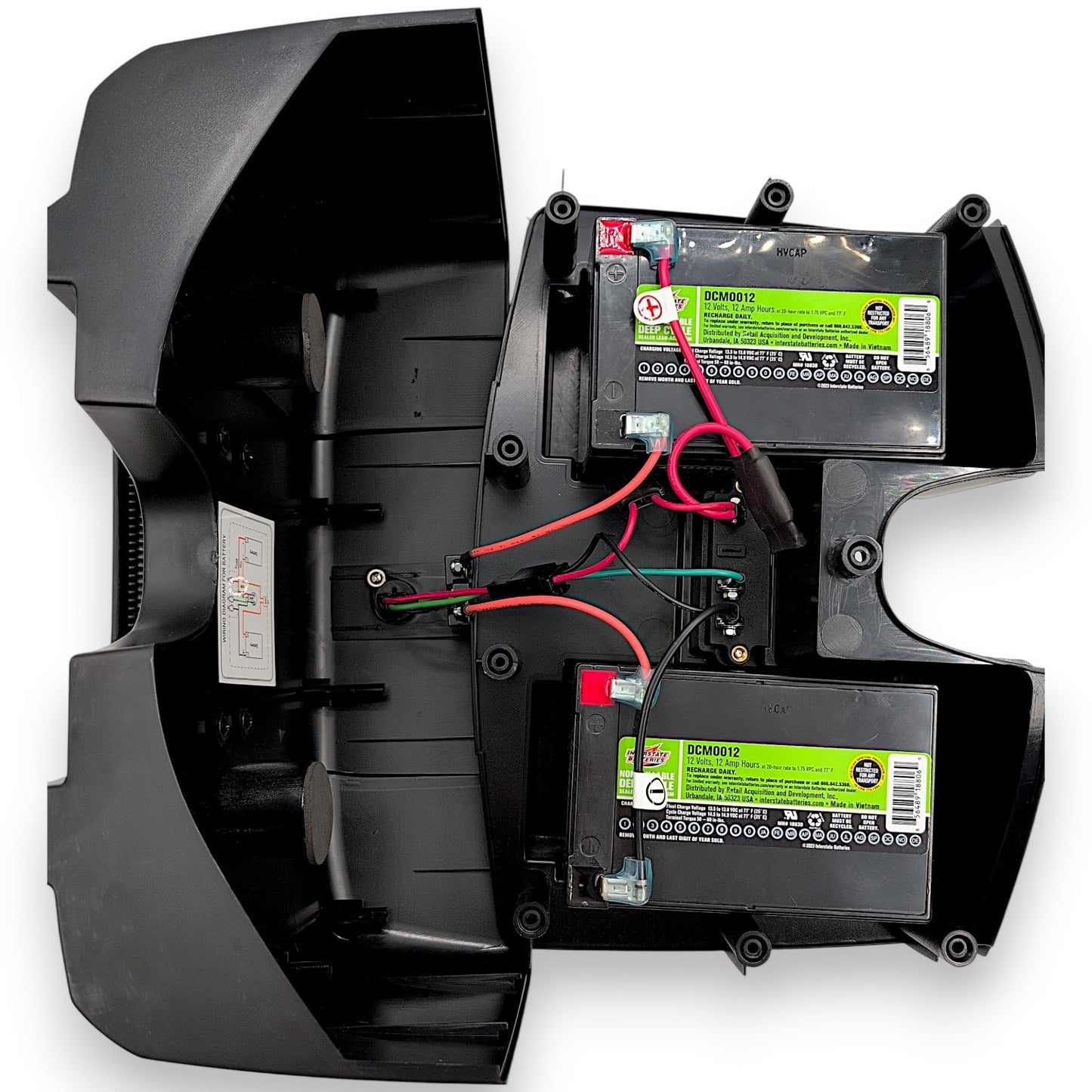 lid removed showing Interstate DCM0012 batteries installed