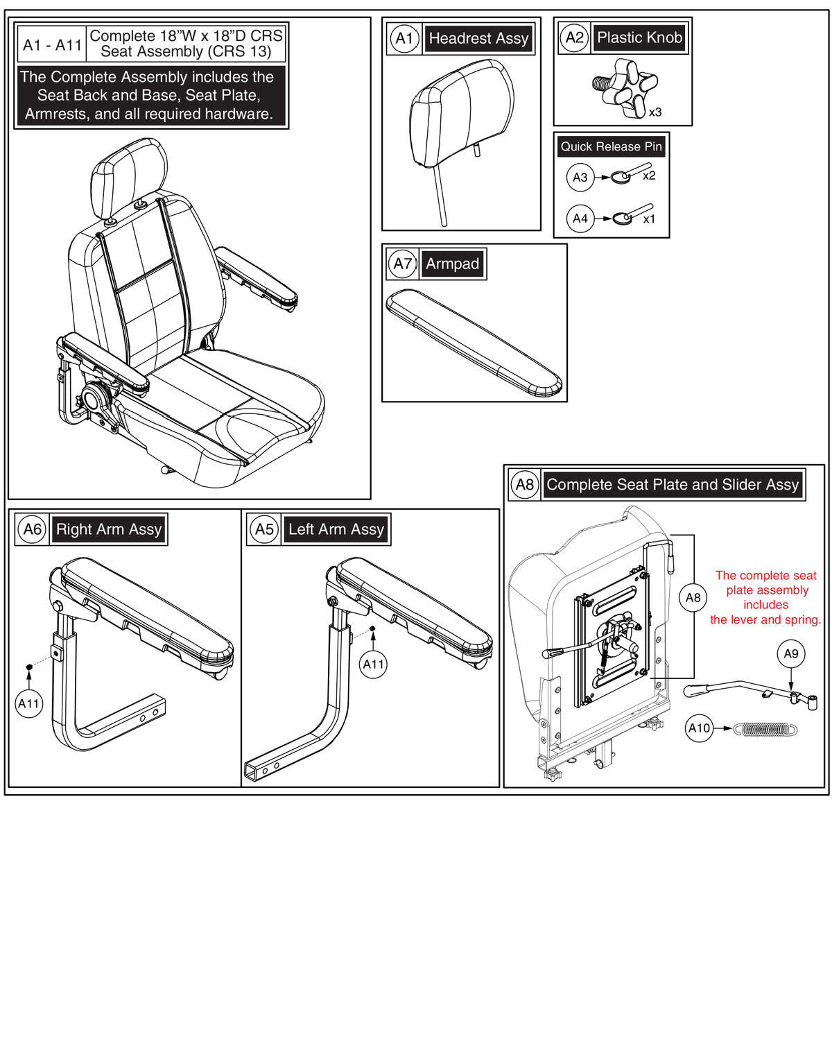 Pride parts diagram page showing seat plate and slider assembly MEC145492 (A8) with lever (A9) and spring (A10)
