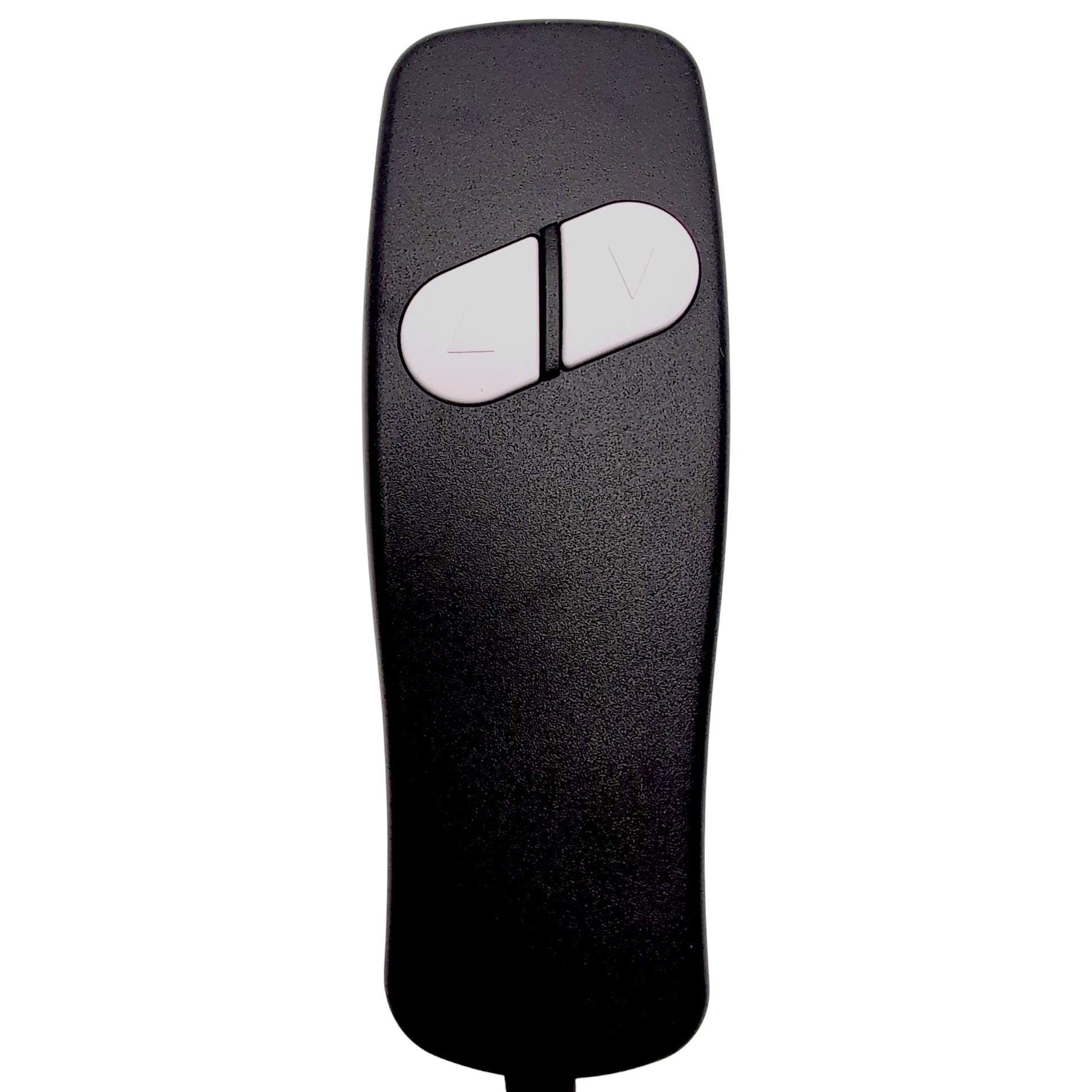 Front view of remote with two white buttons