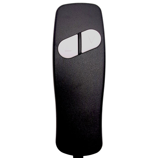 Front view of remote with two white buttons