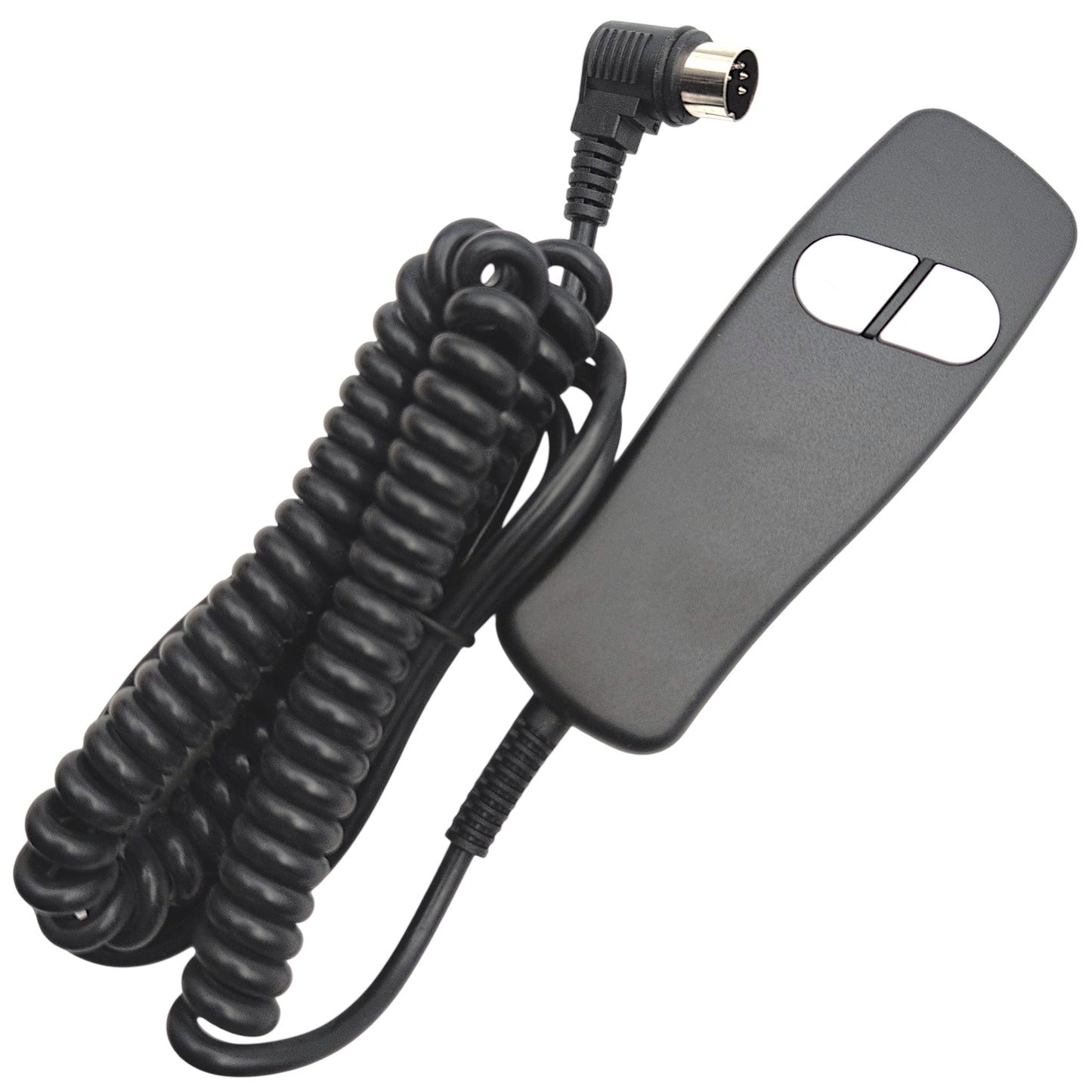 shows the remote with the coilded wire wound up with 90 degree connector and its 5 pins visible