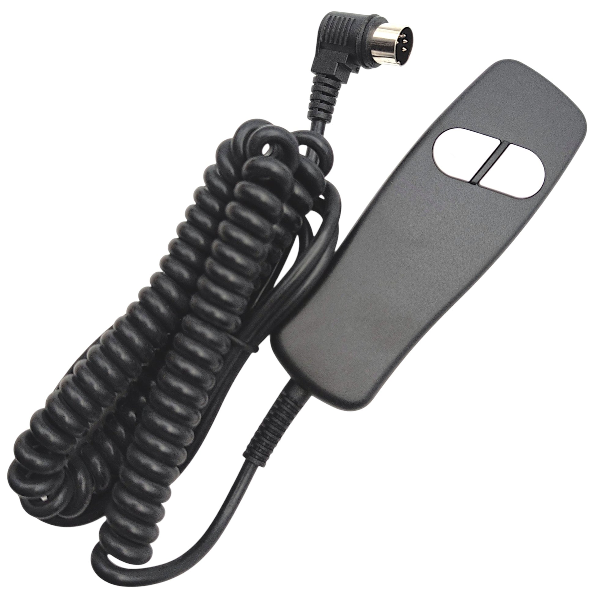 shows the remote with the coilded wire wound up with 90 degree connector and its 5 pins visible
