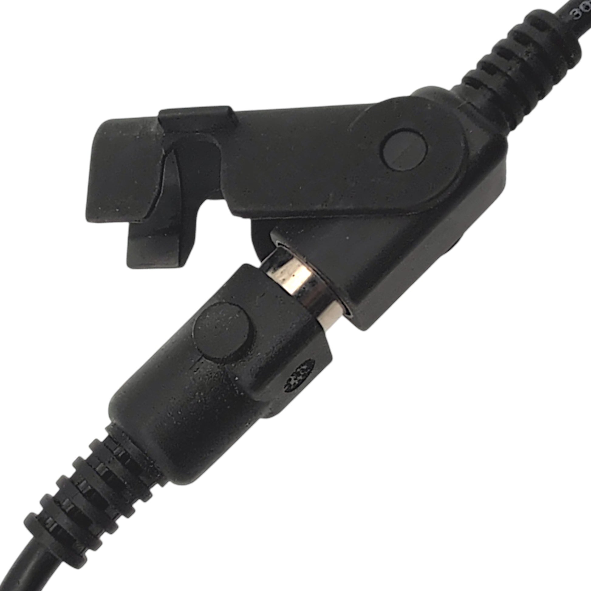 closeup of the extension cable connection with the clamp in the open position and the cable partially removed , showing how the extension cable is installed