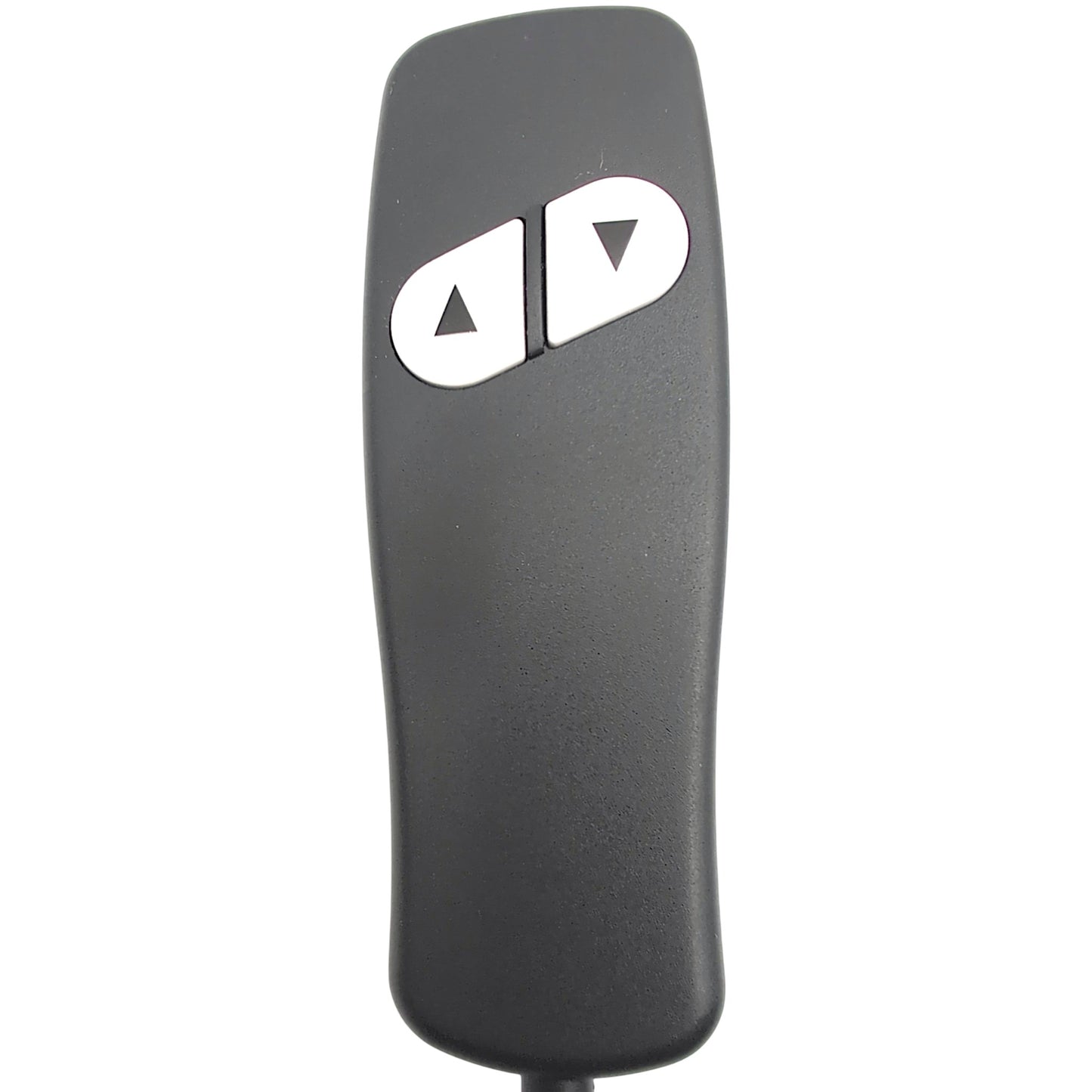 font closeup of remote / hand control with two white buttons that have black up/down arrows on them