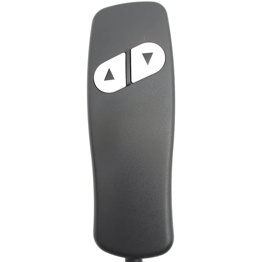 font closeup of remote / hand control with two white buttons that have black up/down arrows on them