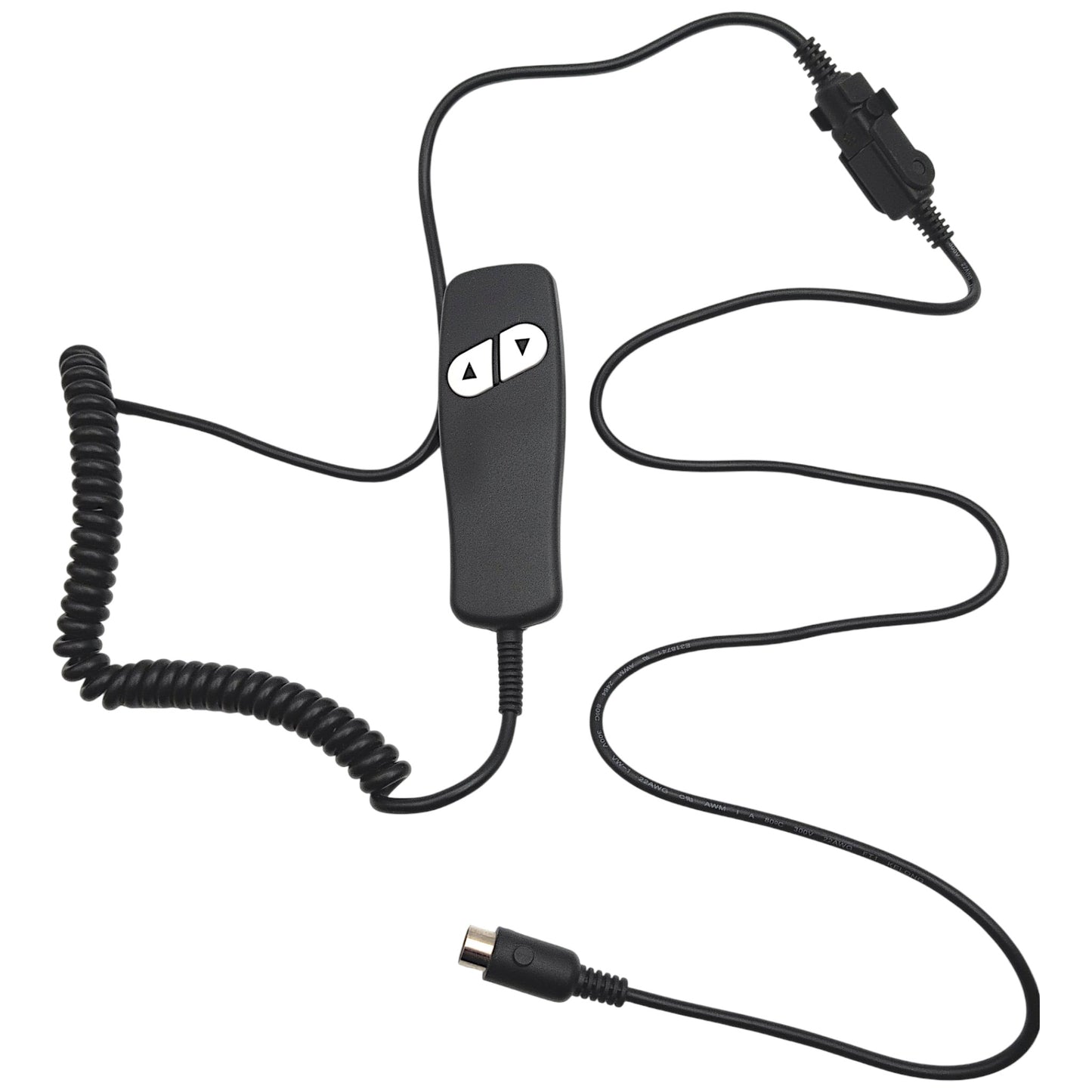 front of remote / hand control with cable completly un-wound showing its full 72 inch length. also showing the 5-pin connector and the extension cable installed 