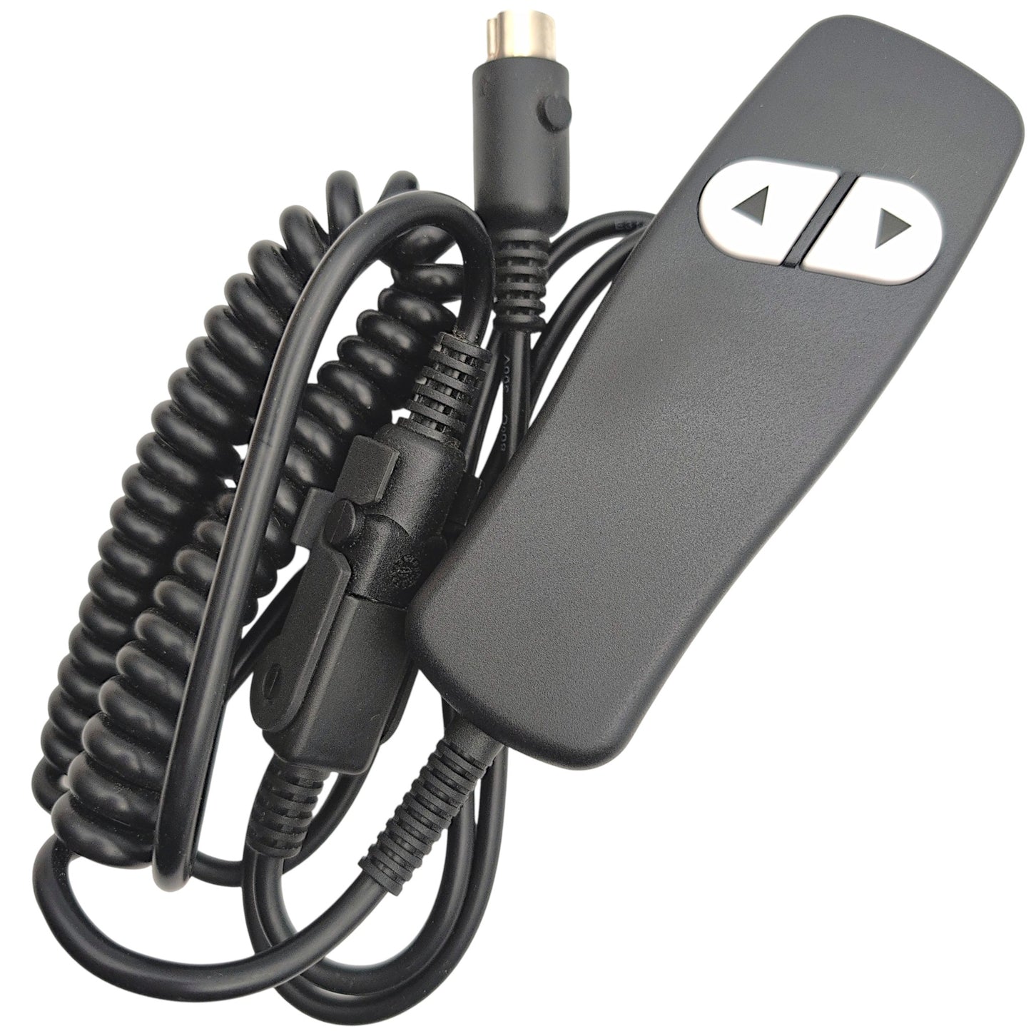 front of remote / hand control with cable wound up, also showing the 5-pin connector and the extension cable installed 