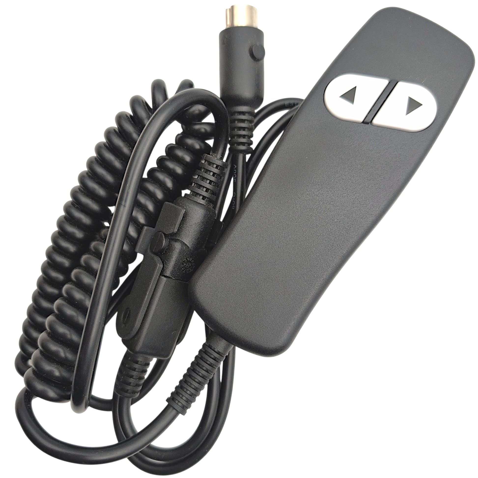 front of remote / hand control with cable wound up, also showing the 5-pin connector and the extension cable installed 