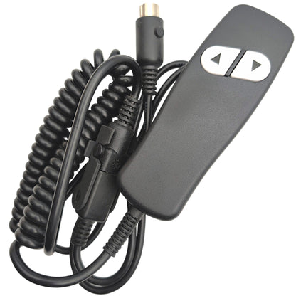 front of remote / hand control with cable wound up, also showing the 5-pin connector and the extension cable installed 