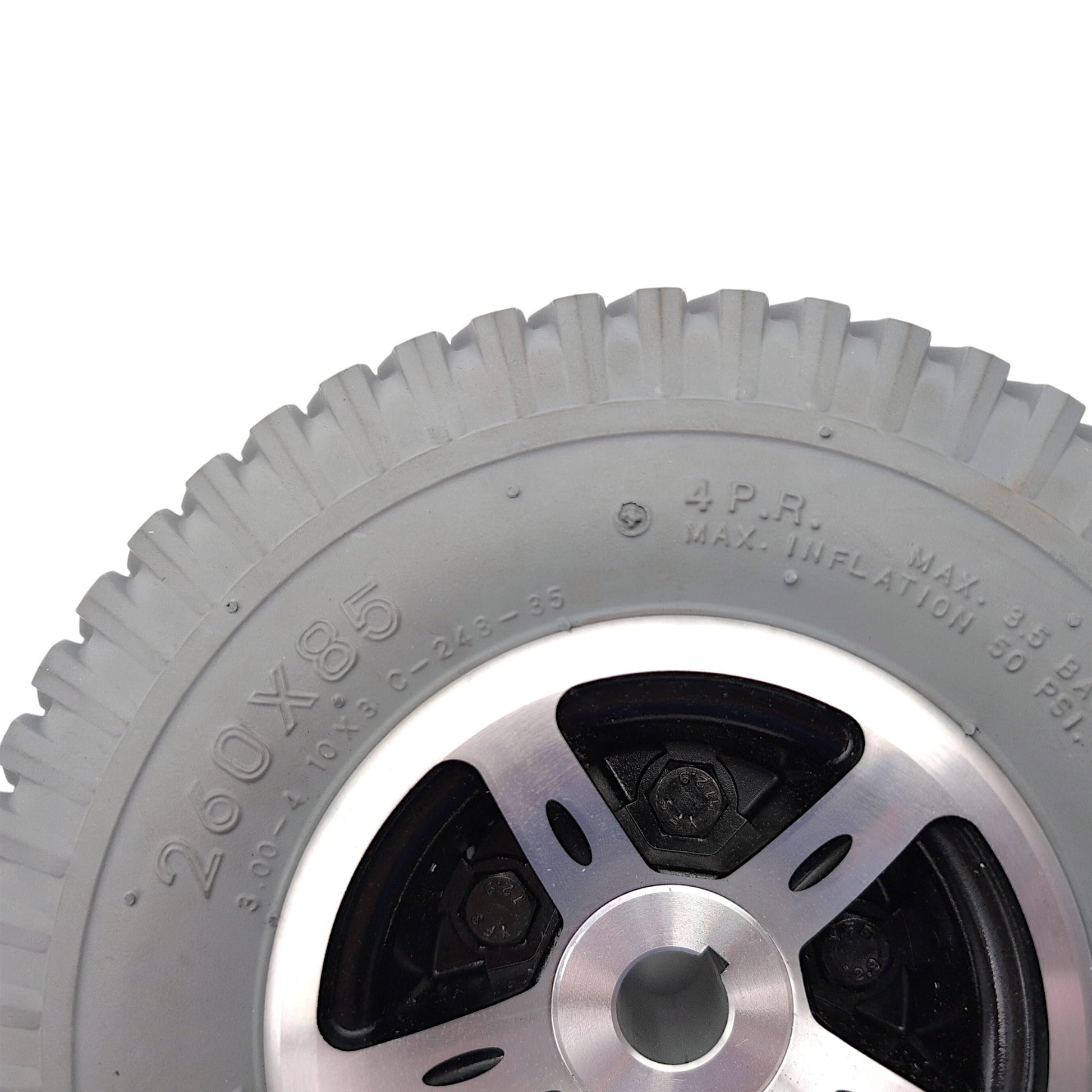 closeup view of tire markings 260 by 85 / 10 by 3 / 3.00-4 