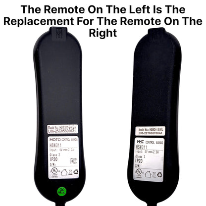 Shows the backs of the old remote on the right and the new, replacement remote on the left. Image States: "The remote on the left is the replacement for the remote n the right"