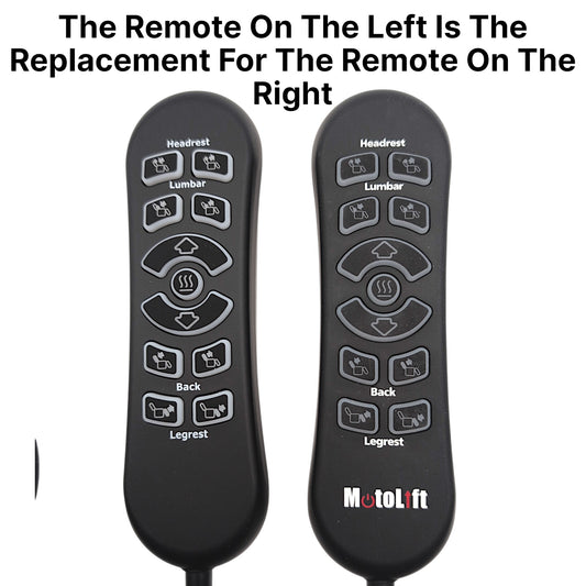 Shows the old remote on the right and the new, replacement remote on the left. Visually shows they are both the same 11 button remote with heat and the only difference is that the remote on the left does not have the Moto Lift Logo. Image States: "The remote on the left is the replacement for the remote n the right"