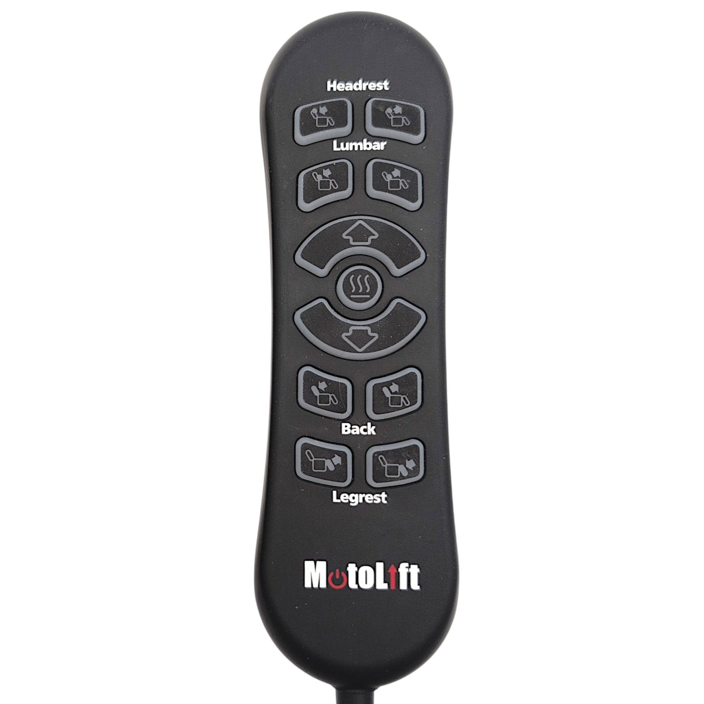 Front view of remote, showing 11 Buttons With Heat Function and the MotoLft Logo