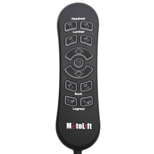 Front view of remote, showing 11 Buttons With Heat Function and the MotoLft Logo