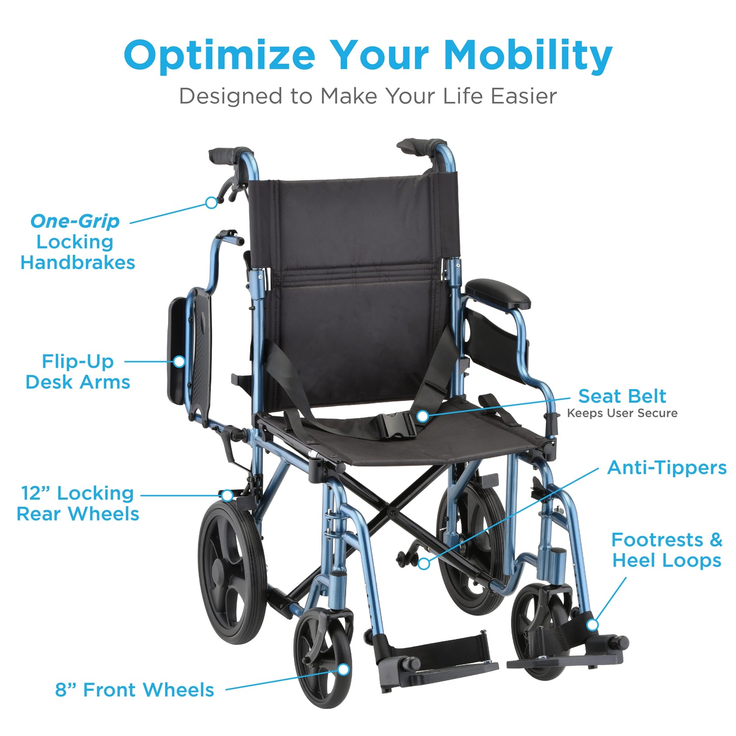 NOVA Medical 353 Transport Chair with 12" Rear Wheels, lightweight
