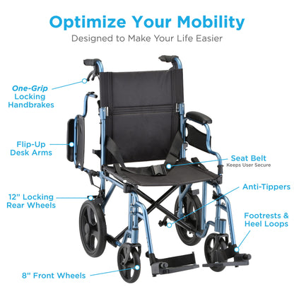 NOVA Medical 353 Transport Chair with 12" Rear Wheels, lightweight