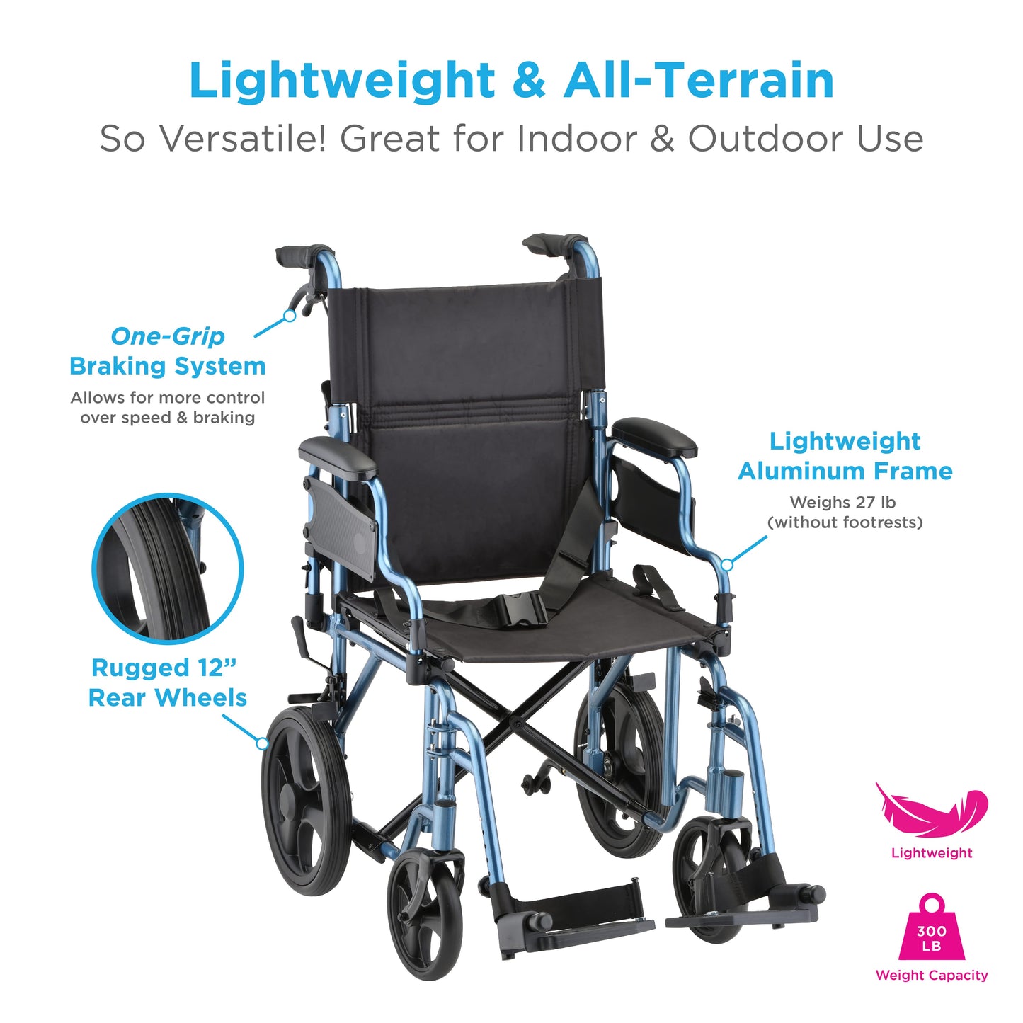 NOVA Medical 353 Transport Chair with 12" Rear Wheels, lightweight
