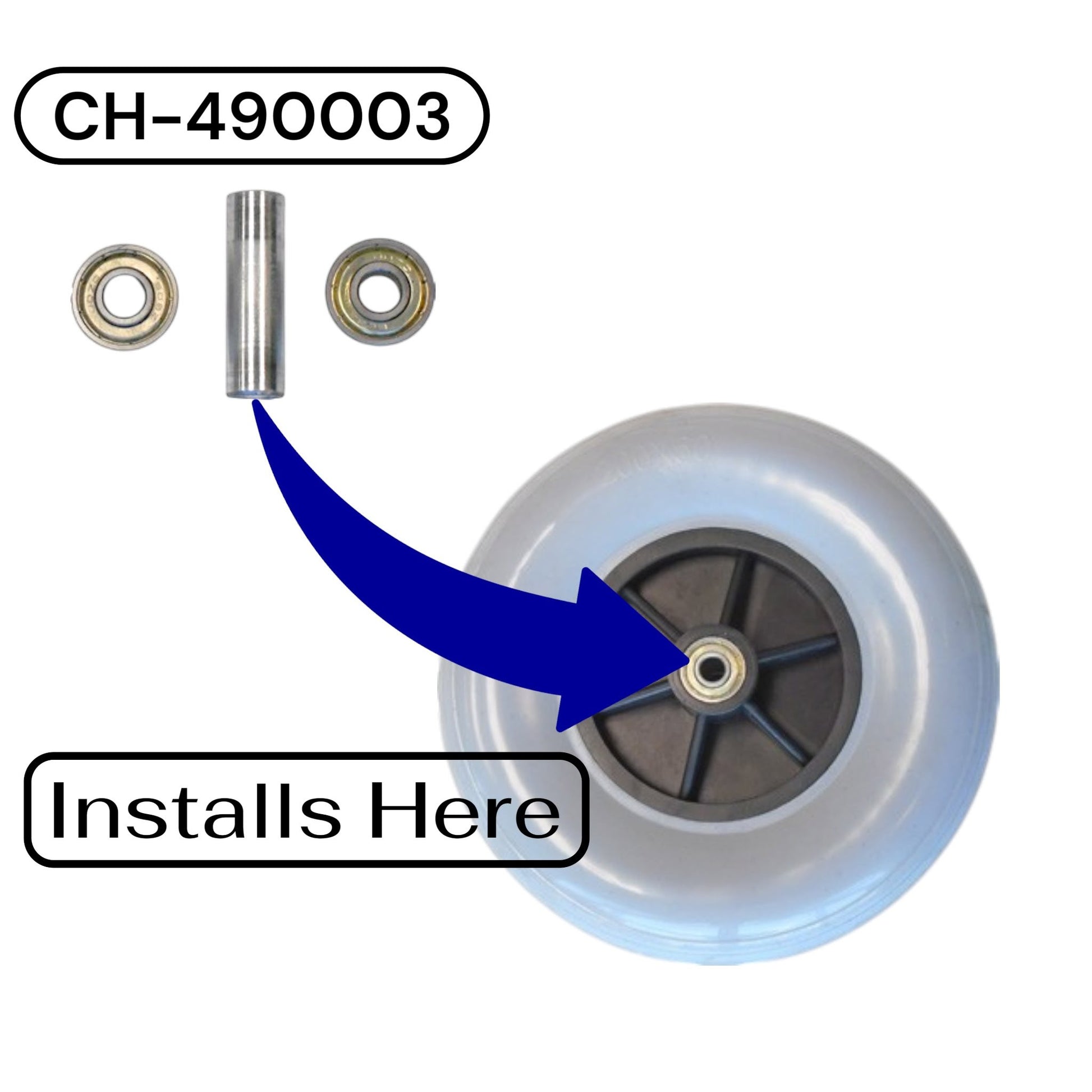 Two bearing and one spacer with part number CH-490003. Arrow pointing to the center of a wheel showing its install location