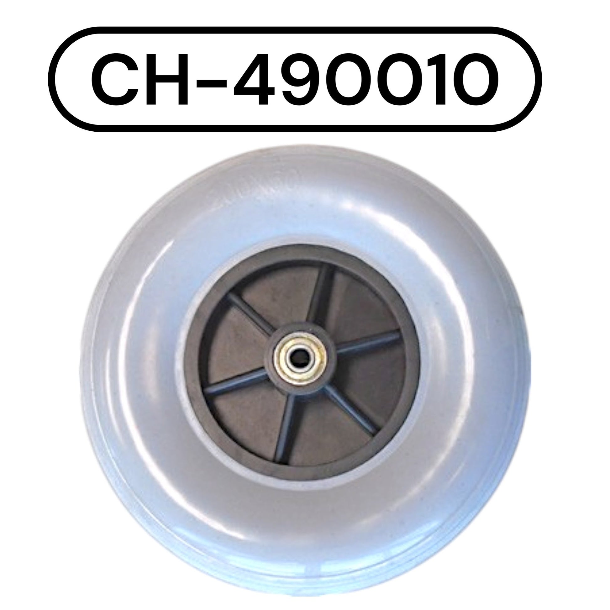 Closeup on wheel with part number: CH-490010