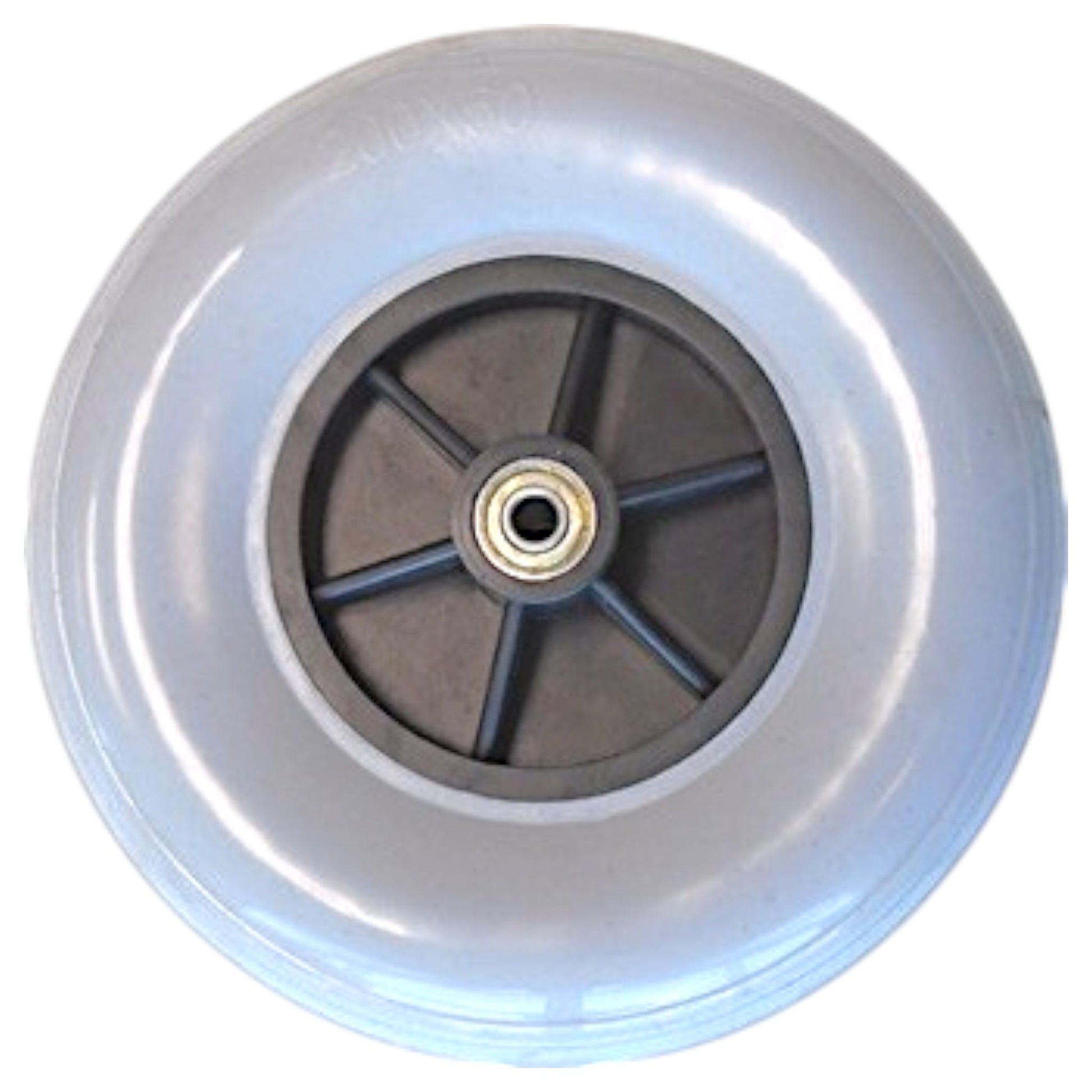 complete 8 Inch wheel. Gray tire, black rim, gold bearing. Tire marking state: 200X50