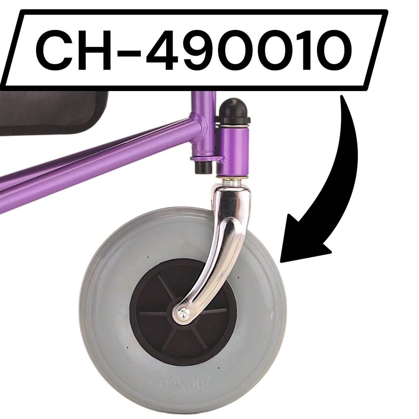 Closeup on wheel installed in rollators front with part number: CH-490010