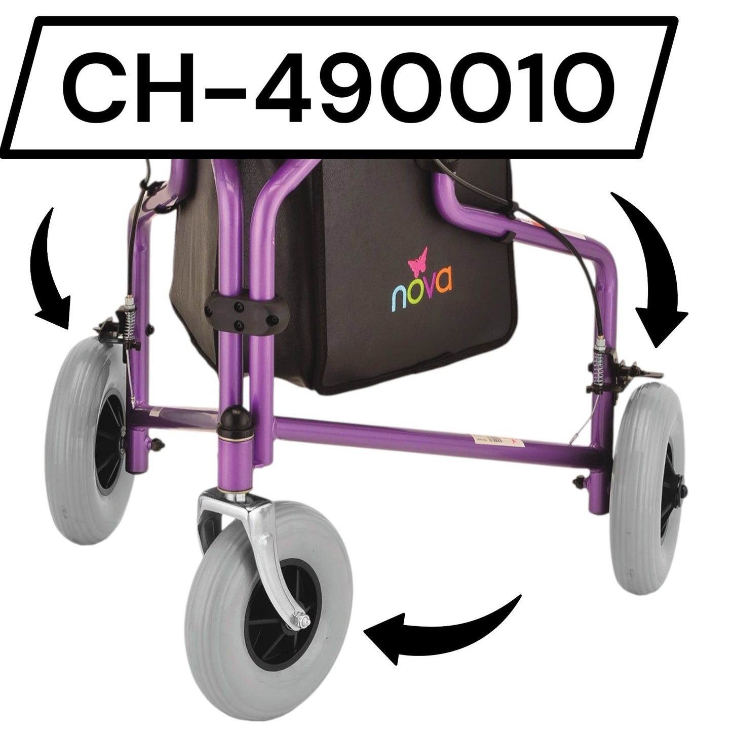 Closeup on wheel installed in rollators front and rear