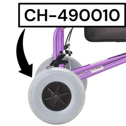 Closeup on wheel installed in rollators rear