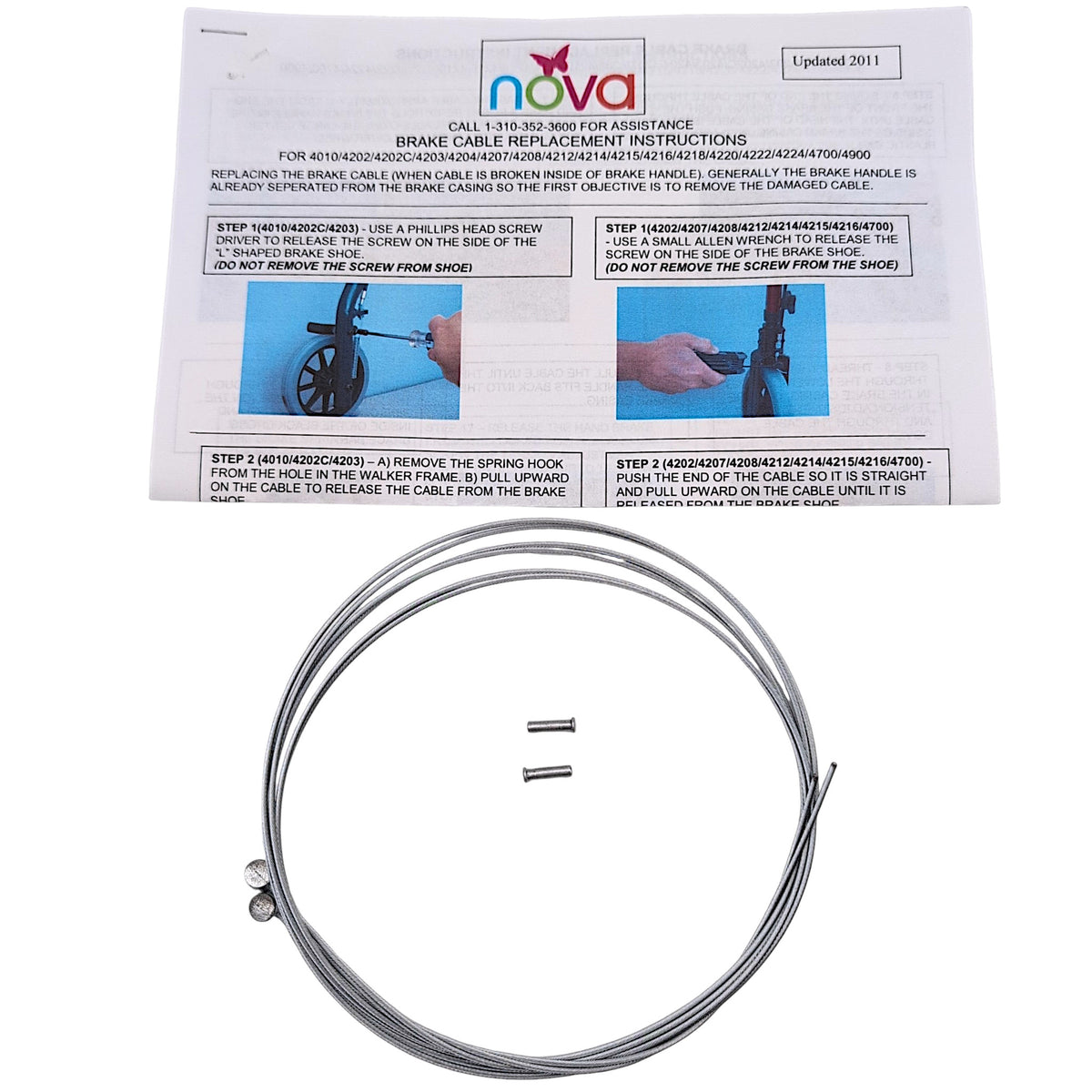 nova medical brake cable replacement kit (p-cable2) with 2 brake cables, 2 crimps, and installation instructions