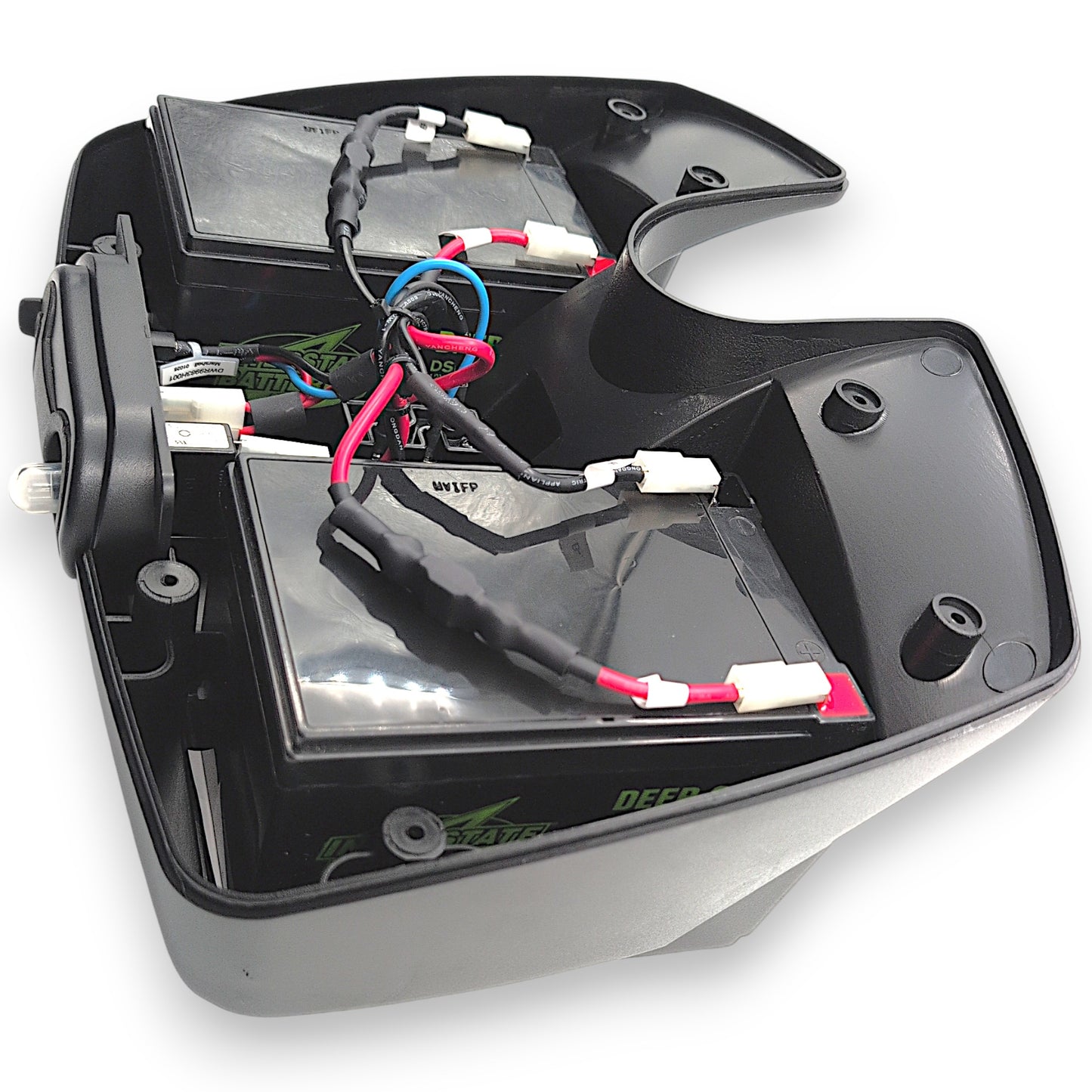 side view with lid removed, showing dsl1104 15 Amp deep cycle batteries installed