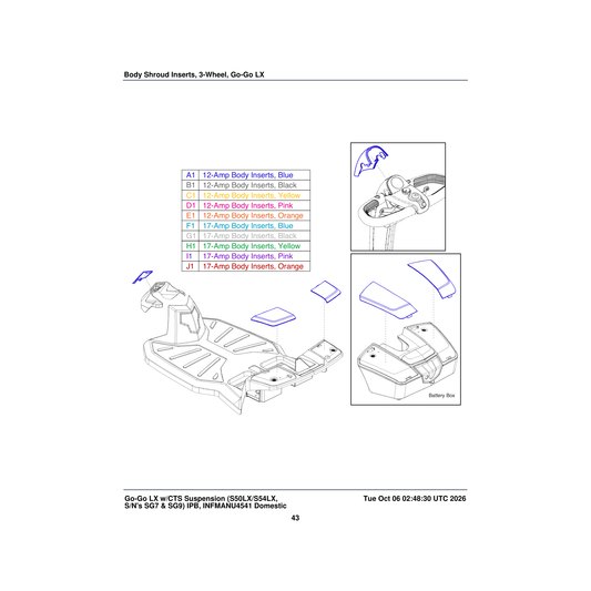 Pride Mobility ACC138159 body inserts shroud assembly onyx black 3-wheel 12 amp parts diagram