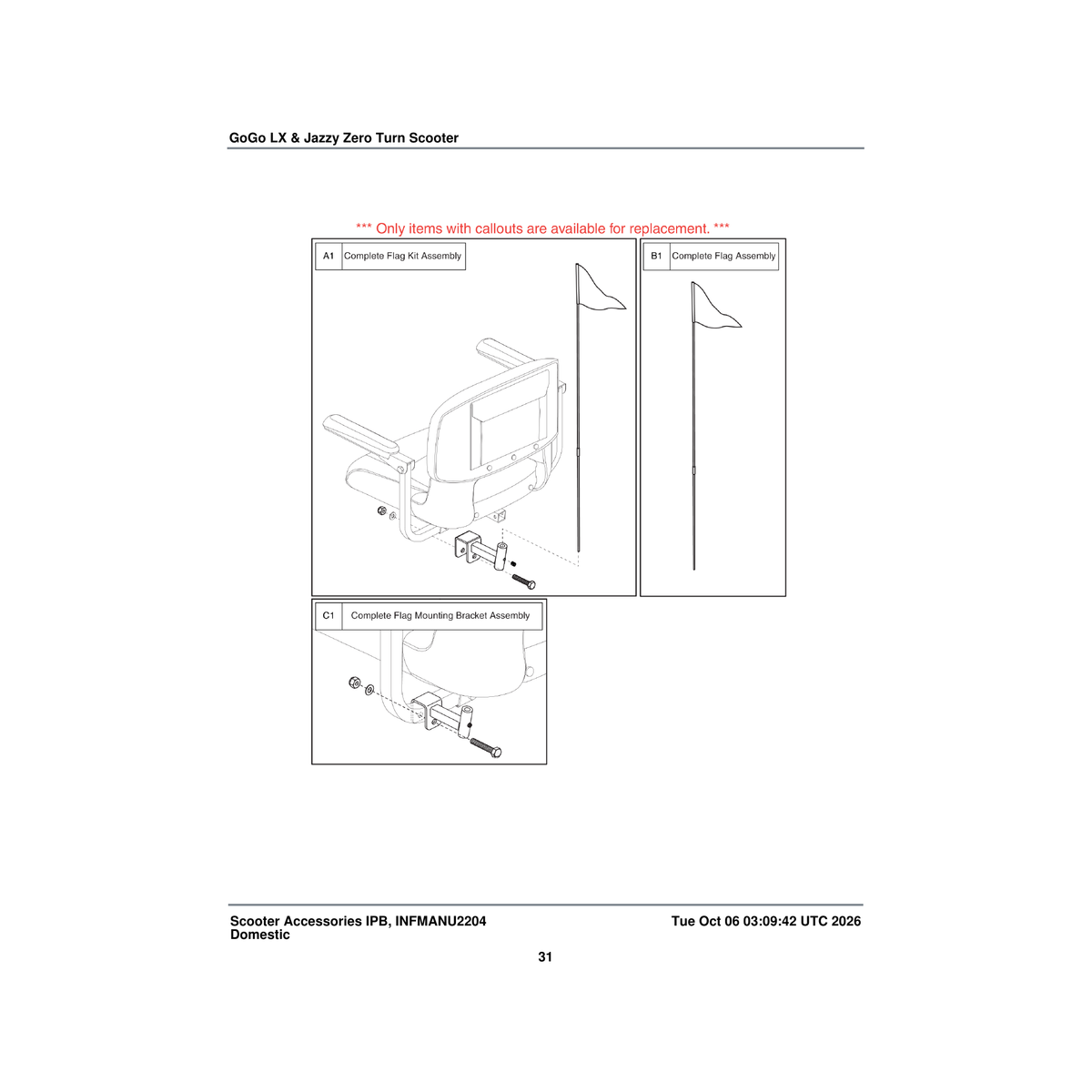 Pride Mobility ACC151932 fish-on seat flag kit assembly parts diagram