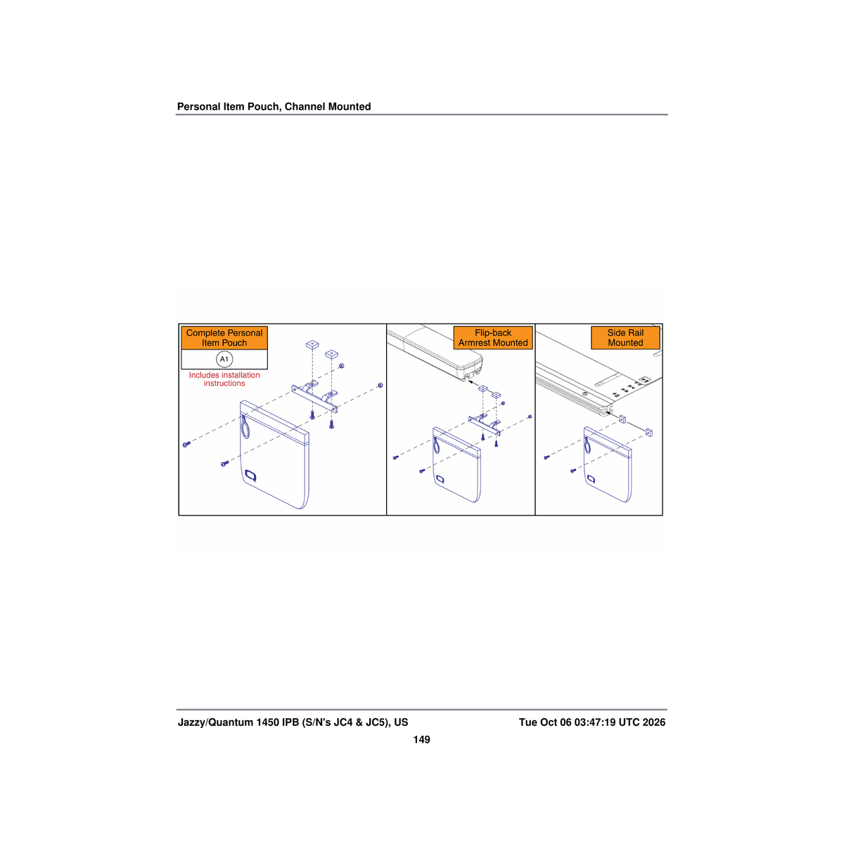 Pride Mobility ACC2101017 with installation instructions personal item pouch assembly parts diagram