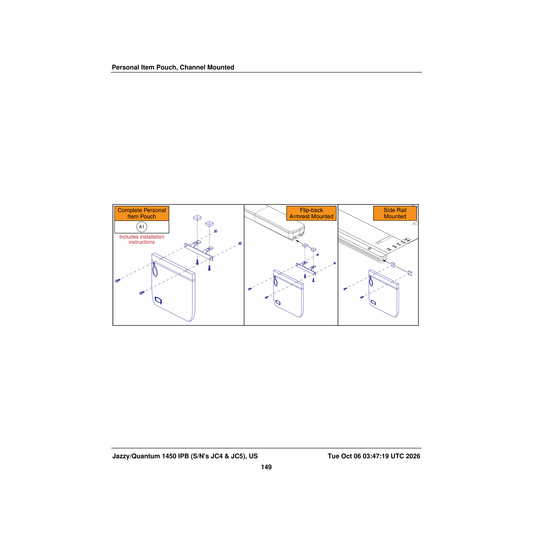 Pride Mobility ACC2101017 with installation instructions personal item pouch assembly parts diagram