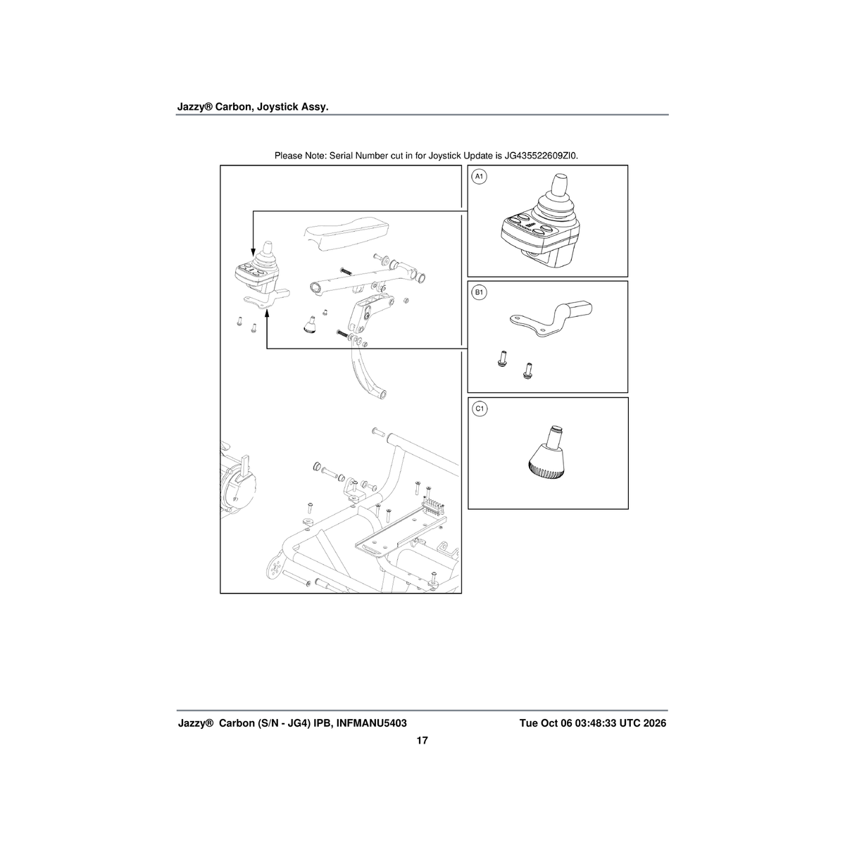 Pride Mobility ACC2301298 jazzy carbon(innuovo:5515-065) joystick mounting bracket knob assembly parts diagram