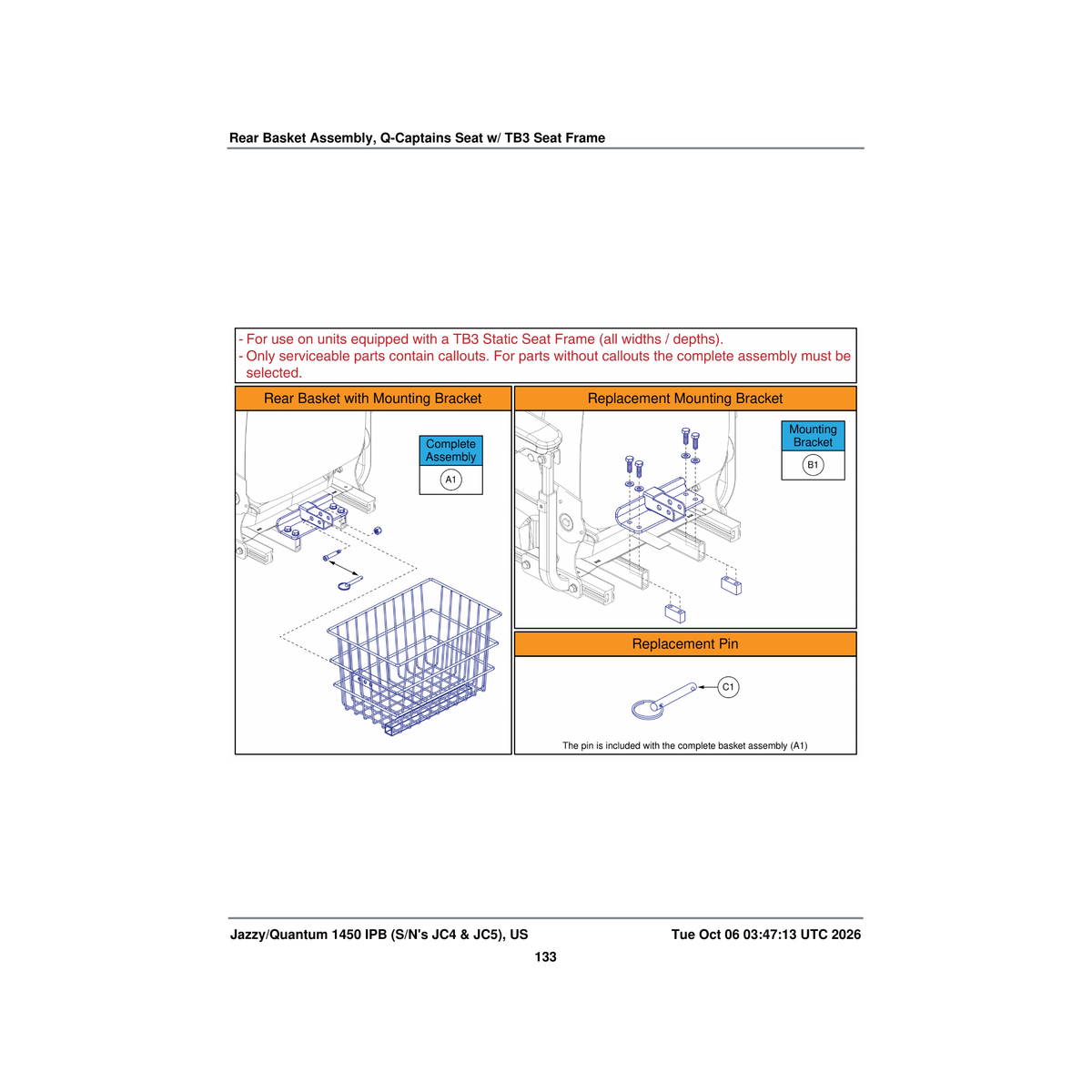 Pride Mobility ACC2400133 accessory crossbar with center mount mounting hardware parts diagram